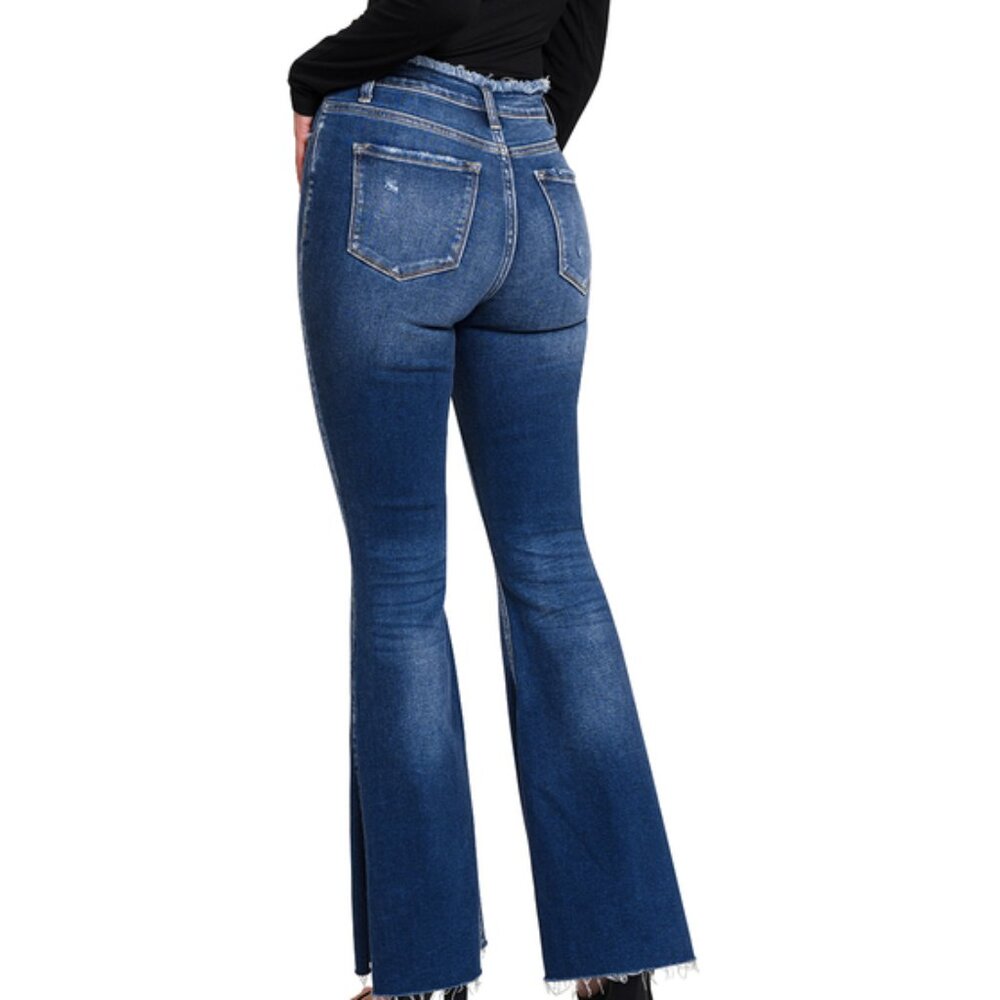 NWT FRAYED EDGED WAIST FLARE DENIM PANTS W SIDE SLITS - Picture 3 of 4